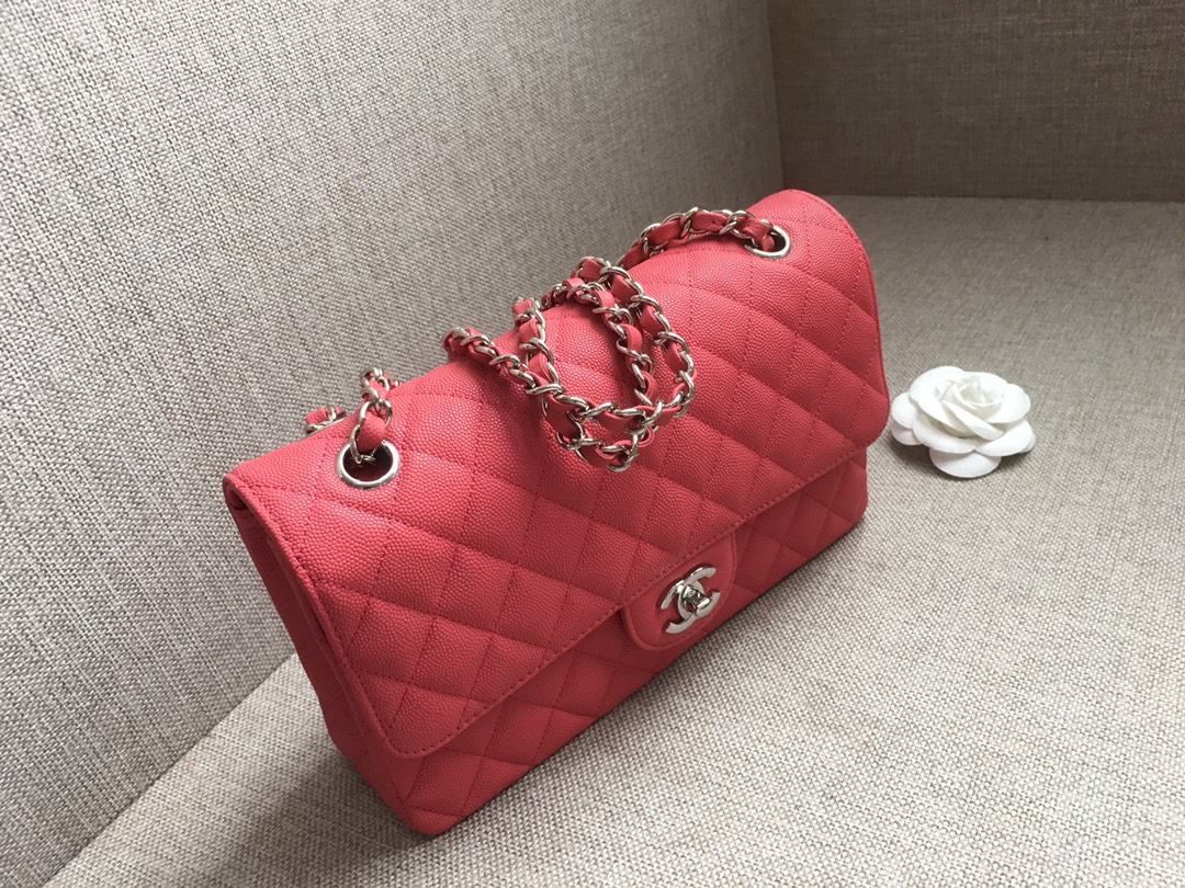 Medium Classic Flap Caviar Bag A01112 Rose Red/Silver